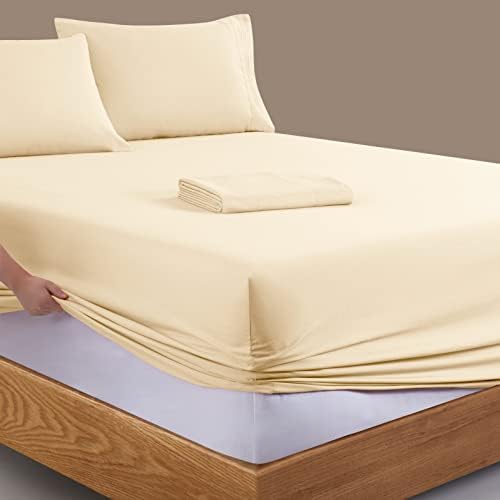 Manyshofu Extra Deep Pocket King Sheets, Light Beige Microfiber