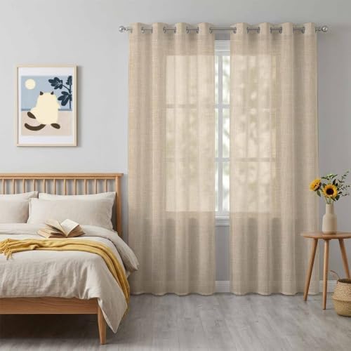 Rustic Beige Sheer Curtains 96 Inch Length 2 Panels Set for Living