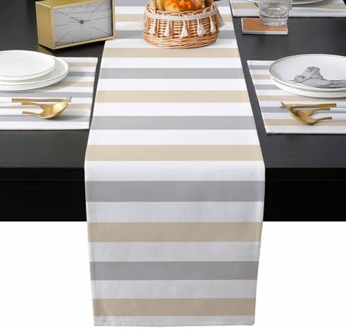 Modern Art Table Runner and Placemats Set of 6 Gray Beige Stripes