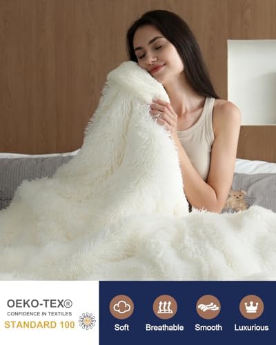 Pawque Luxury Faux Fur Sherpa Fleece Throw Blanket 90x90 inches, Cream