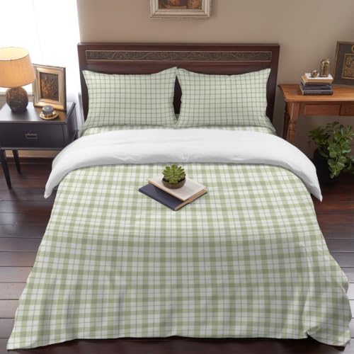 Green Plaid California King 4 Piece Duvet Cover Set, Classic Sage