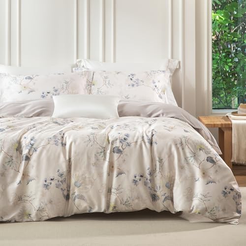 MILDLY Greige Floral Duvet Cover Set 3pcs Elegant for All Season Queen