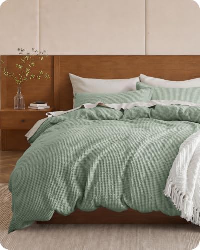 Bedsure Cotton Duvet Cover Queen - 100% Cotton Waffle Weave Sage Green