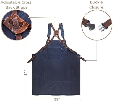 Cross Back Canvas Aprons With Pockets |Adjustable Leather Strap|Work