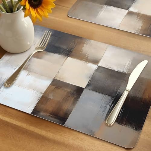 Retro Geometric Patchwork Leather Placemats Set of 6,12x18 Inch,Khaki
