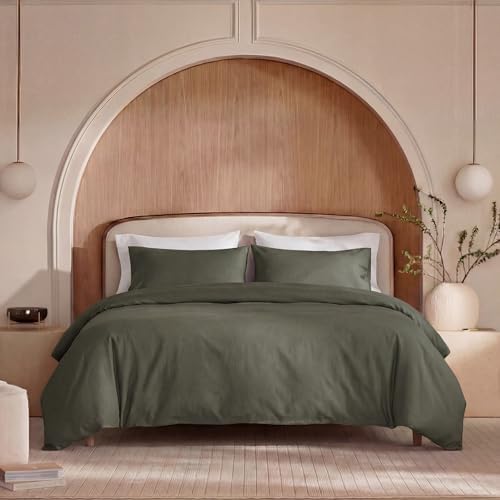 100% Washed Cotton Duvet Cover King Size – Olive Green, Linen-Like