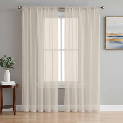 Beige Sheer Curtains 108 Inches Long 2 Panels, Semi Sheer Rod Pocket