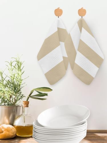 Beige White Striped Dish Towels Set, Waffle Weave Kitchen Towels