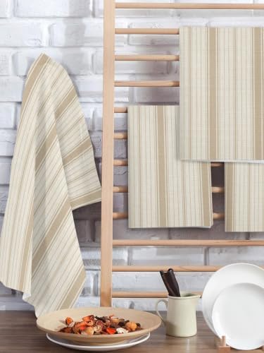 Beige Striped Hand Towels Set, Waffle Weave Kitchen Towels 3 Pieces
