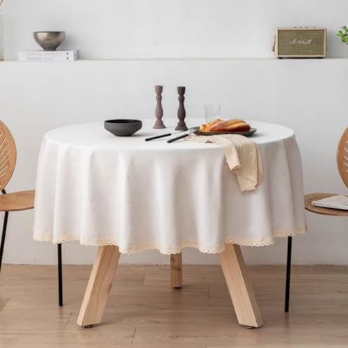 Linen Round Tablecloth with Lace Trim Waterproof Stain Resistant