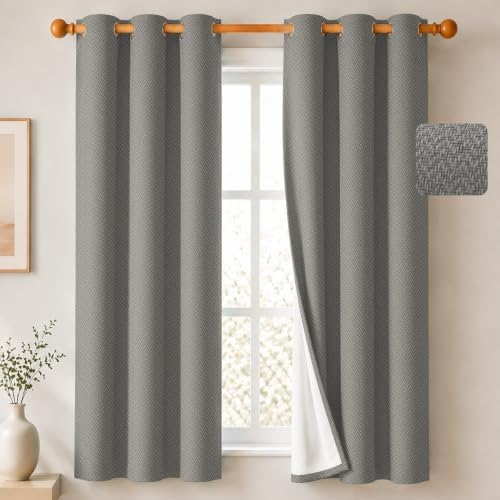 2 Panels 100% Blackout Linen-Textured Thick Grommet Curtains
