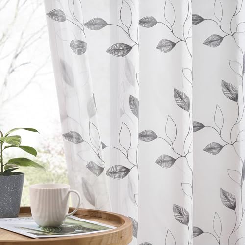 Grey on White Sheer Curtains 96 Inches Long 2 Panels for Living Room