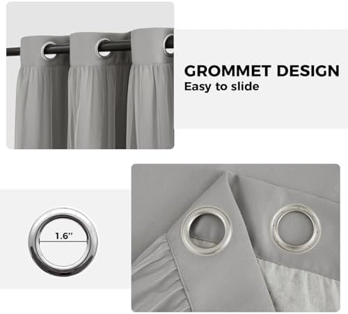 100% Blackout Curtains for Bedroom, Double Layer Grey 108" L