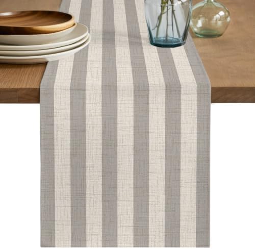 Gray Beige Striped Table Runners 90 Inches Long, Modern Burlap Texture