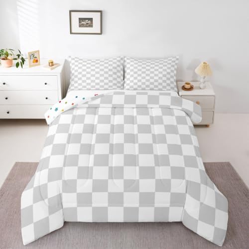 Manfei King Size Neutral Checkerboard Comforter Set with 2 Pillowcases