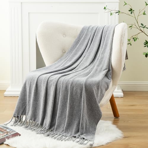 BATTILO HOME Light Gray Chenille Throw Blanket for Couch, Soft Cozy