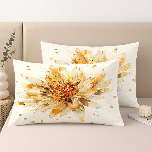 Floral Throw Pillow Covers Set of 2, Cream and Gold Sunflower Design