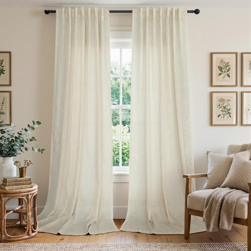 Flax Linen Curtains 84 Inch Length for Living Room 2 Panel Back Tab