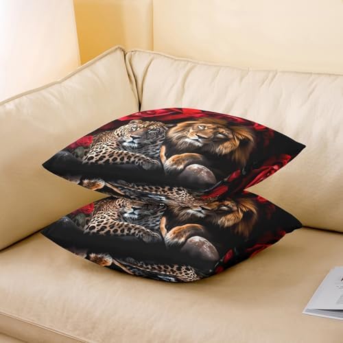 jejeloiu Leopard Throw Pillow Covers 22"x22" Set of 2 Soft Lion Rose