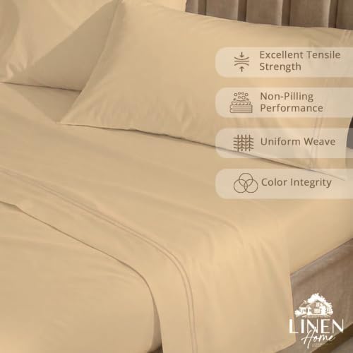 Linen Home 100% Cotton Marrow Percale Sheet Set, Queen Size, Light