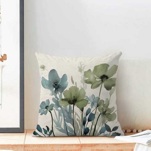 Spring Floral Pillow Covers 22x22 Inches Set of 2 Sage Green Blue