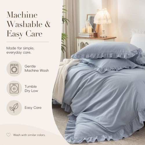 Ruffle Duvet Cover Set 100% Washed Cotton Linen Feel 3‐Pcs King