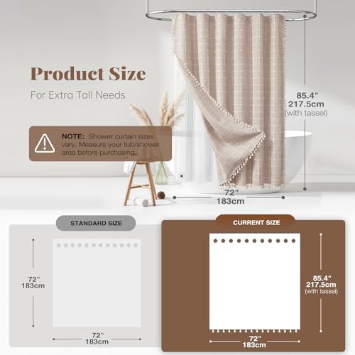 BTTN 3-in-1 Long Boho Linen Fabric Shower Curtain with Liner, 72x84