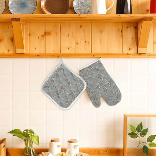 Quilted Cotton Terry Cloth Oven Mitt, Pot Holder Birds Floral Branch