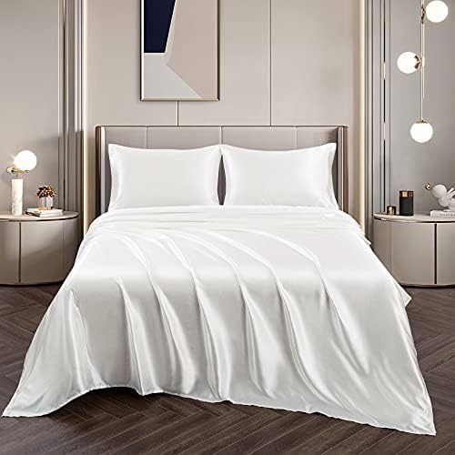 Vonty Satin Split King Ivory White Sheets, 2 Fitted + Flat + 2