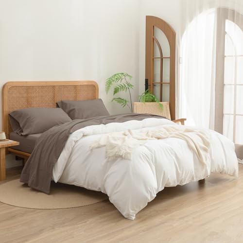 BESTOUCH 100% Washed Cotton Linen Feel Sheet Set, Pine Bark Brown Full