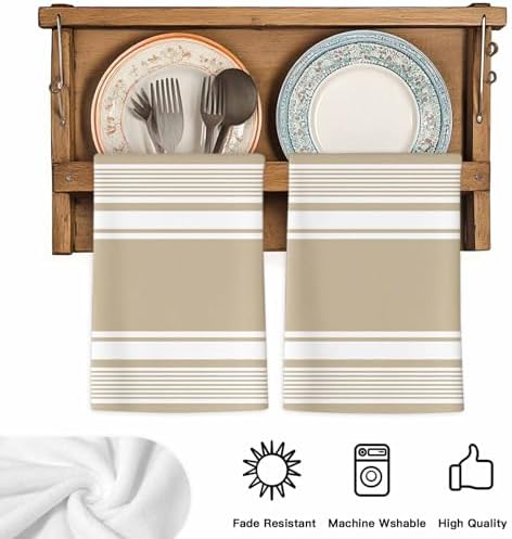 Farmhouse Beige Striped Kitchen Towels Set of 3, Absorbent Dish Towels