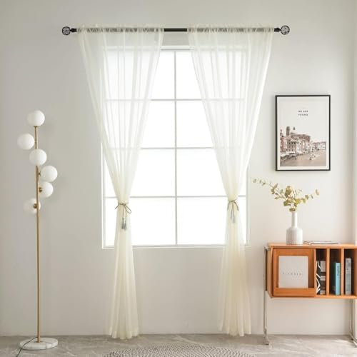 SpaceDresser Ivory Sheer Curtains 4 Panels Rod Pocket Semi-Sheer