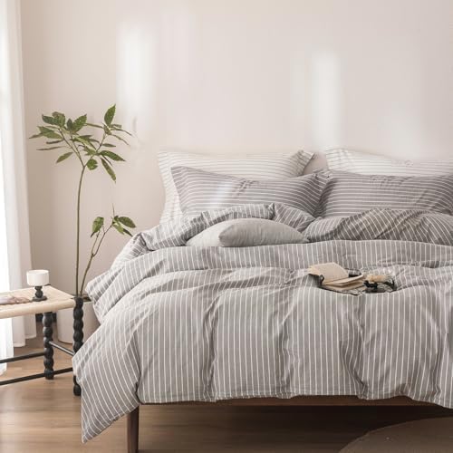 3Pcs Grey White Striped Queen Duvet Cover Set Washed Cotton
