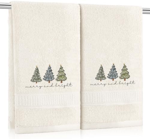 Tudomro 2 Pcs Cream Christmas Hand Towels Embroidered Christmas Trees