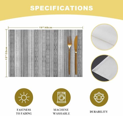 Placemats Set of 8, Boho Abstract Ethnic Gray Geometric Pattern