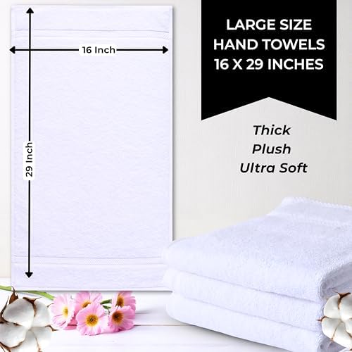 White 100% Cotton Bath Hand Towels for Bathroom - Thick Luxury Soft