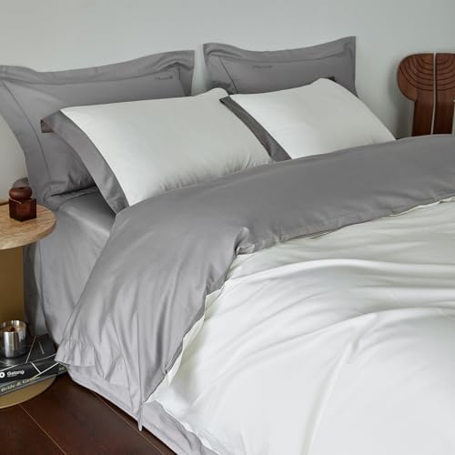 YuHeGuoJi White Grey Duvet Cover Queen 100% Egyptian Cotton 3 Pcs Set