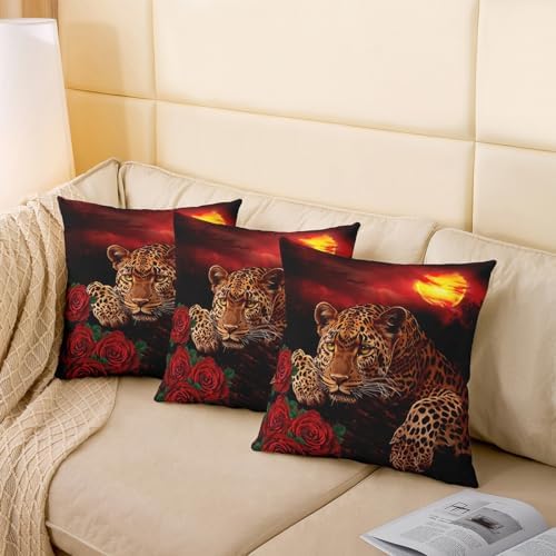 Leopard Rose Pillow Covers 22x22 Set of 2 Cheetah Floral Print