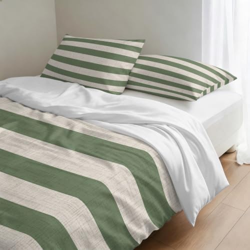 3 Pieces Duvet Cover California King Bedding Sets Sage Green Stripe