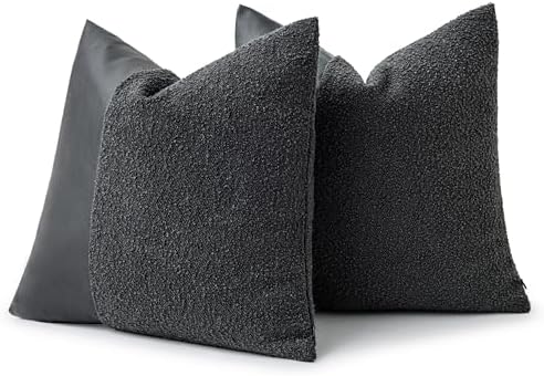 Set of 2 Fluffy Boucle Pillow Covers 18"x18", Charcoal Black Textured