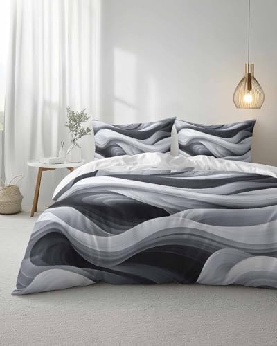 Duvet Cover Set Queen, Abstract Gradient Gray White Water Ripple