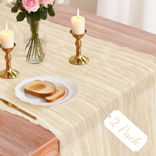 2 Pack Cheesecloth Table Runner, 120 Inch Beige Table Runner for Decor