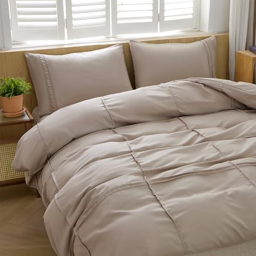AiMay Duvet Cover Set Queen Size Pintuck Pleated Bedding Set 3 Pieces