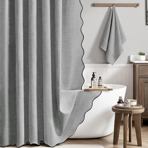 BTTN 84x72 Boho Scalloped Linen Textured Cloth Shower Curtain