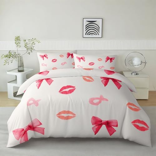 California King Duvet Cover Set Minimalist Bow Lip Print Pattern Soft