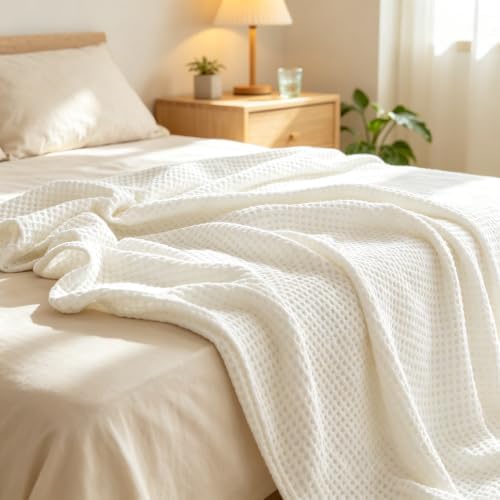 Lightweight 100% Cotton Waffle Blanket,Throw XL,Ivory