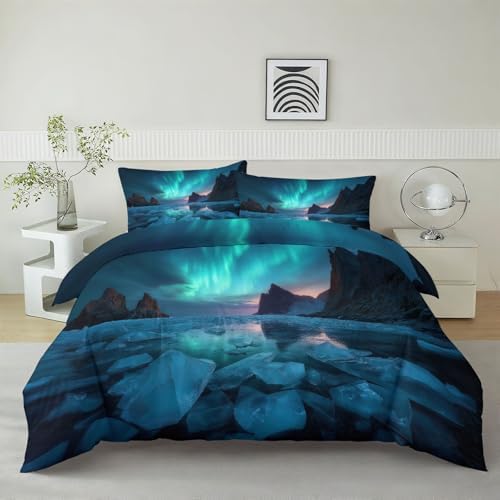 California King Duvet Cover Set Northern Lights Mountain Rocks Soft