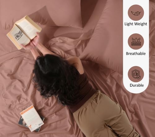 RUVANTI 100% Cotton Full Sheet Set, Percale Full Size Sheets, Mocha