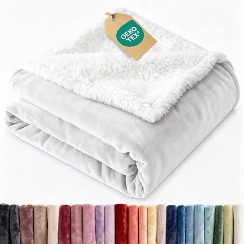 Sherpa Fleece Blanket Twin Size - Reversible Blanket - White, 60" x