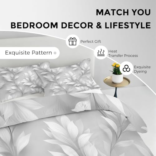 Grey Leaves Bedding King Duvet Cover, Botanical Bedroom Decor